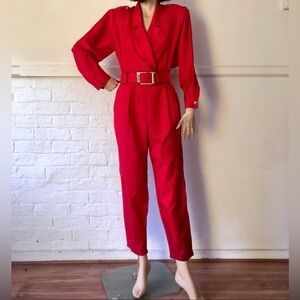 JOAN WALTERS VTG. Playsuit Coveralls Jumper Belted Golden Buttoned Zip Hot Red 4